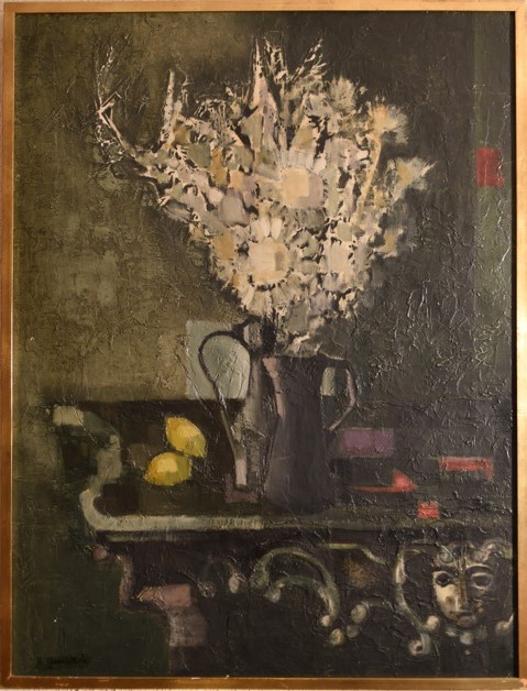 1960 le bouquet à la console ou nature morte 50F 1,15-0,88 isorel