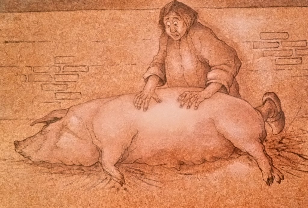 1990-25 le cochon crevé,en revisitant Poortvliet 3P 0,19-0,27 isorel