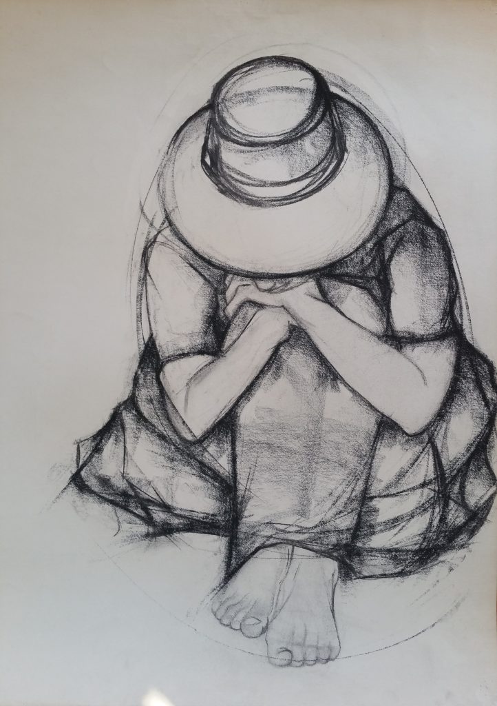 1951 femme pensive 0,65-0,50 dessin fusain,école des Beaux Arts Besançon