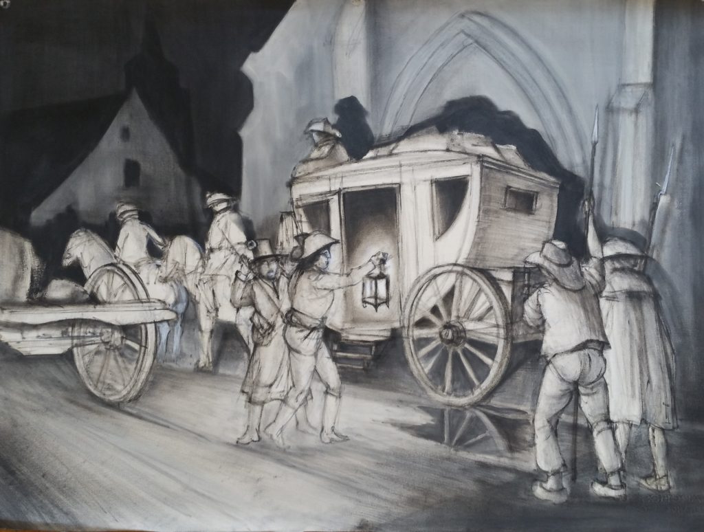 1954 le carrosse 0,57-0,76 dessin fusain, Arts Décoratifs Paris
