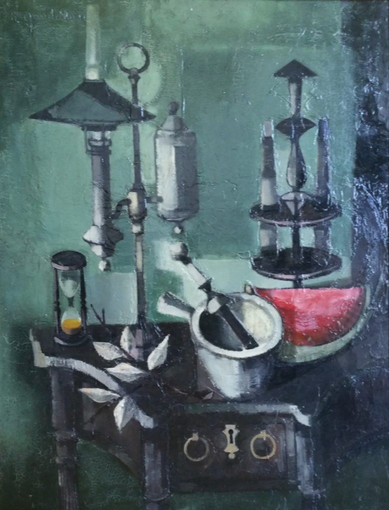 1960 nature morte à la pastéque et au mortier 50F 1,16-0,81 isorel,signé dans la matière en haut à gauche