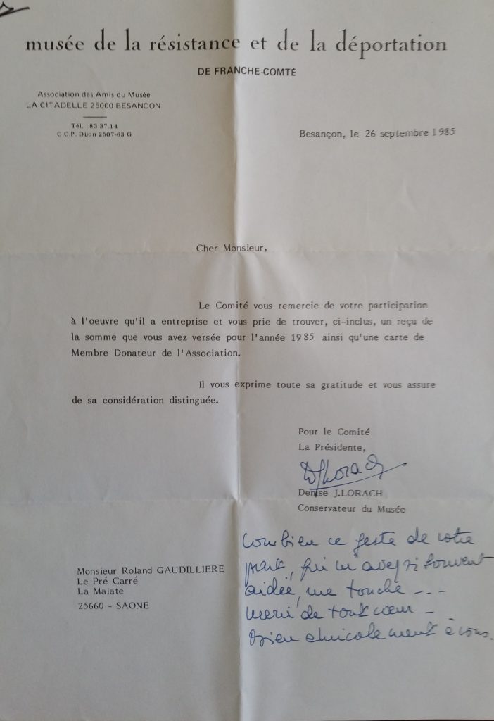 1985 musée de la déportation,courrier madame Lorach
