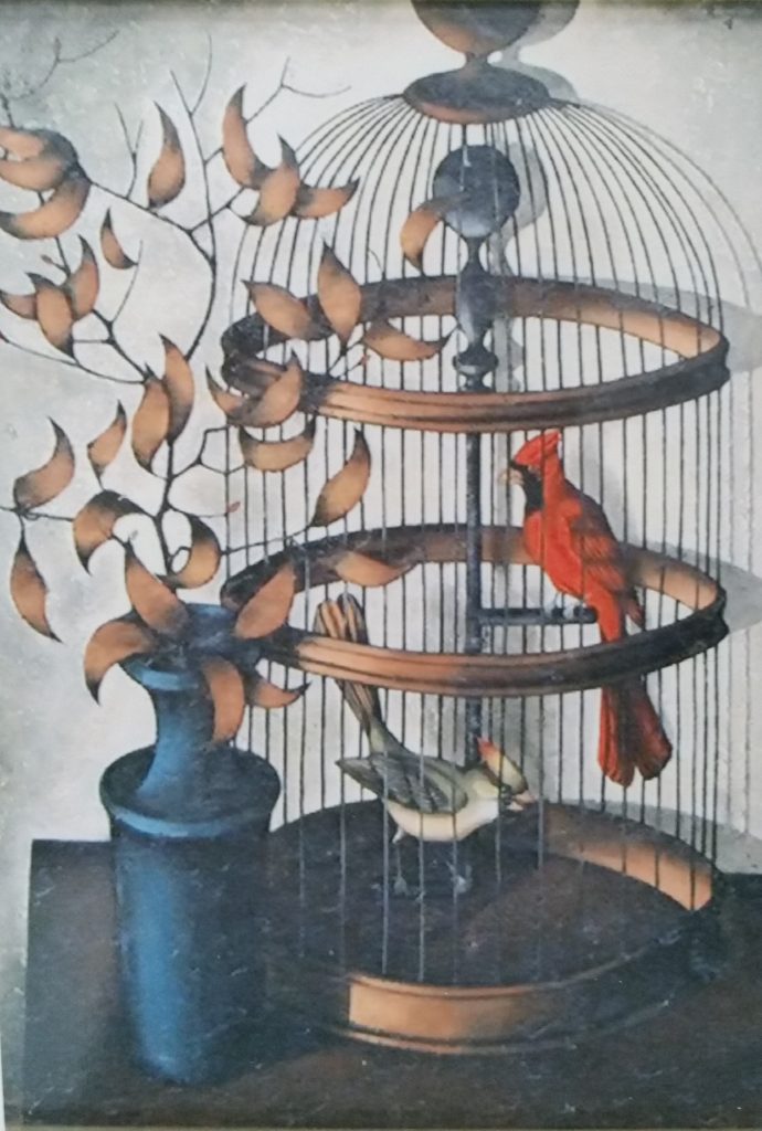 1962 cage,oiseau rouge,vase bleu isorel (3)