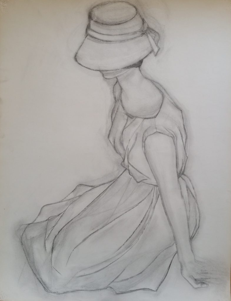 1951 femme au chapeau 0,65-0,50 étude,dessin fusain,école des Beaux Arts Besançon